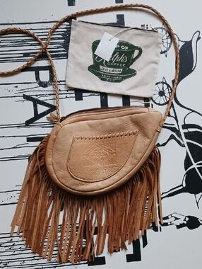 Polo Raloh Lauren Natural Leather Fringe Crossbody Bag+ RL Canvas Cosmetic Bag
